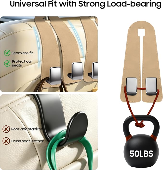 Amooca Car Headrest Hooks, Premium Suede with Metal Car Seat Back Storage Hooks for Handbag Coats Umbrella Backpack - 2 Pack, Beige