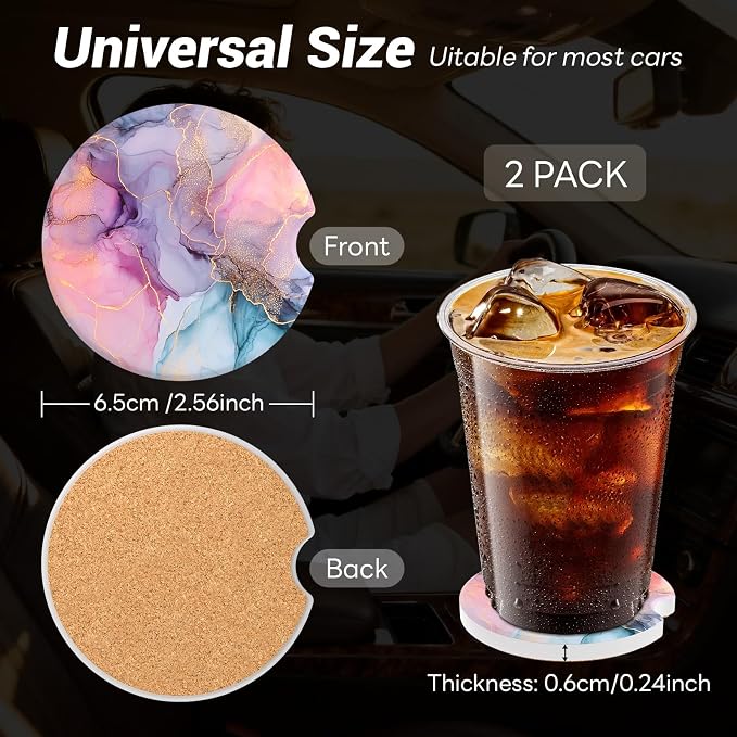 Car Cup Holder Ceramic Coasters 2 Pack, 2.56 in Anti Slip Absorbent Coaster with Cork Base and Finger Notch, Funny Cute Car Accessories Interior for Women, Fantasy Stone