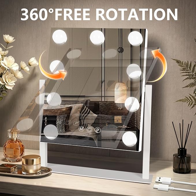 Ratsamee Rechargeable Hollywood Vanity Mirror with Lights, 14"×12" LED Makeup Mirror, Smart Touch Control, Makeup Mirror for Bedroom, Vanity Desk, Beauty Routine