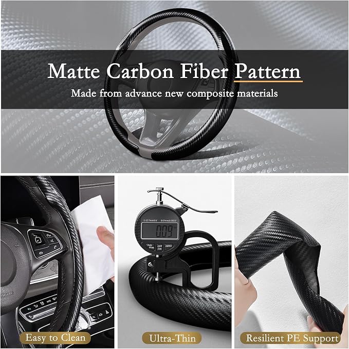 Aimato Car Steering Wheel Cover Carbon Fiber, Ultra-Thin Car Steering Wheel Cover,Comfortable & Breathable Microfiber,Universal Fit for Most Cars