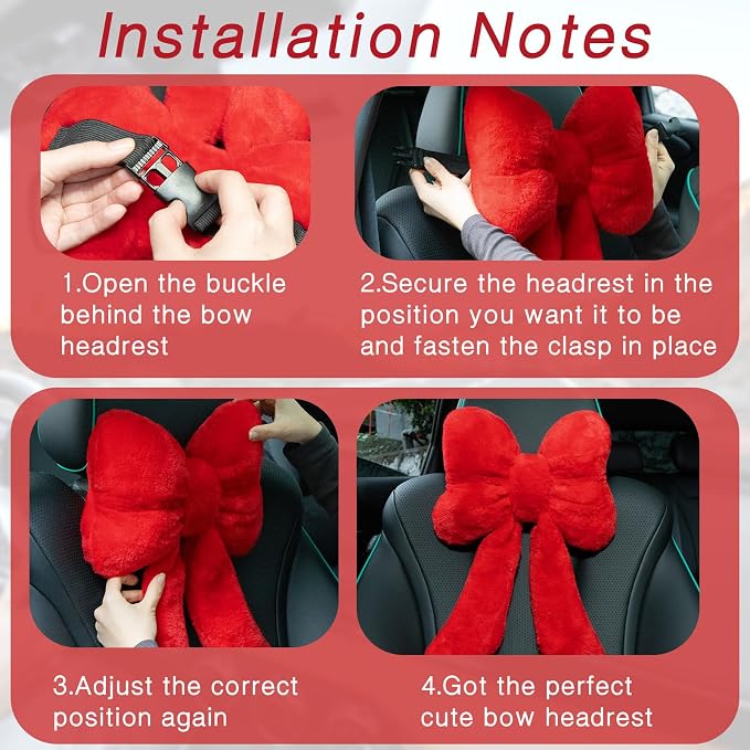 Macarrie 2 Pcs Red Car Neck Pillow Plush Butterfly Bow Car Headrest Comfortable Pillow Seat Neck Support Cute Head Rest Accessories for Driving Travel Driver Chair Girl Interior Decor(Solid)