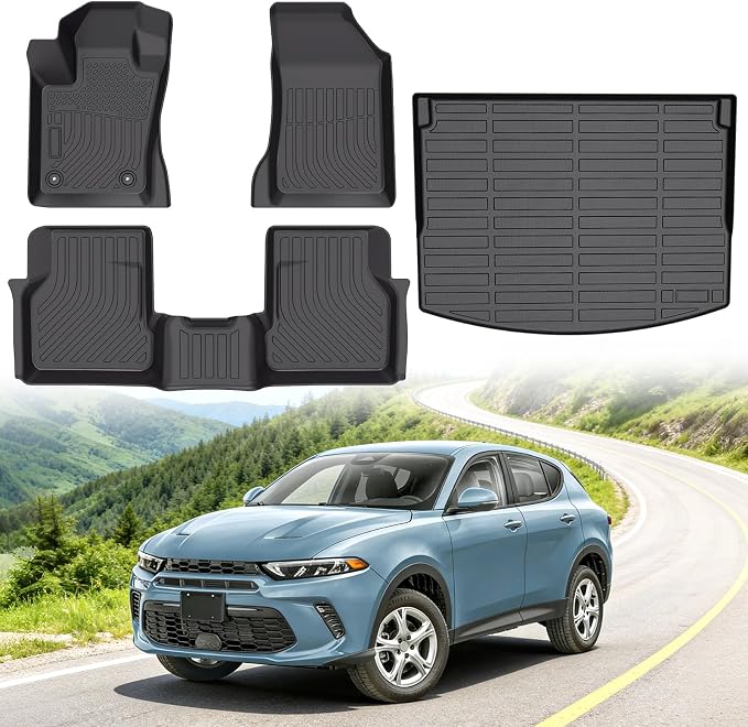 Floor Mats for Dodge Hornet GT/GT Plus & R/T Plug-in Hybrid 2023-2025 | Custom Fit Heavy Duty TPE All Weather Protection, Waterproof Non-Slip Black (Two-Row Floor Mats & Cargo Liner)