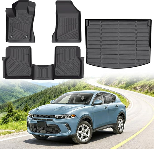 Floor Mats for Dodge Hornet GT/GT Plus & R/T Plug-in Hybrid 2023-2025 | Custom Fit Heavy Duty TPE All Weather Protection, Waterproof Non-Slip Black (Two-Row Floor Mats & Cargo Liner)