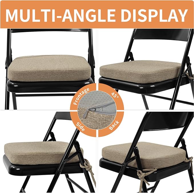 SINOSSO Memory Foam Chair Cushion for Folding Chair 1 Pcs, Thickened 2" Square Kitchen Chair Pad with Ties, Indoor Non-Slip Dining Chair Seat Cushion (1 Piece, Linen)