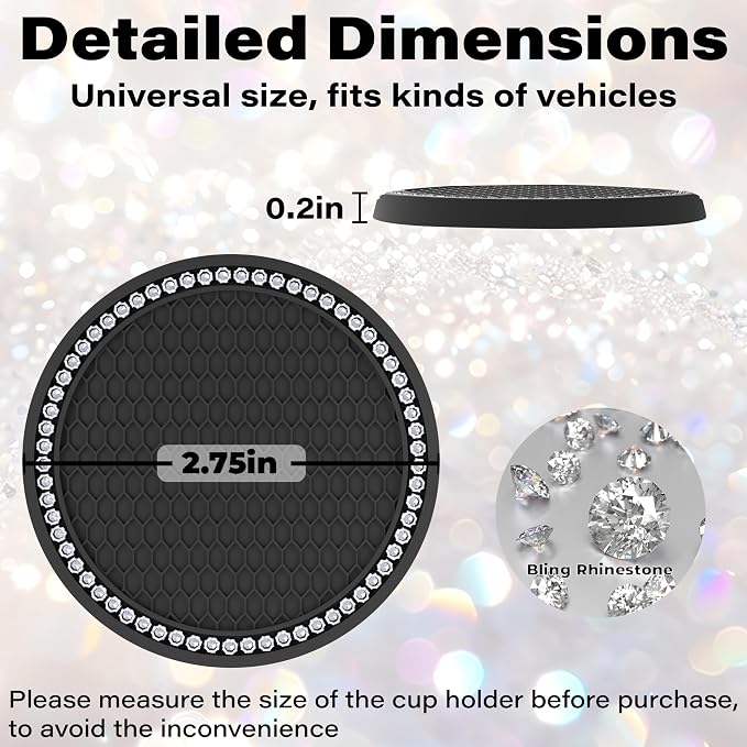 BFXM 4 PCS Bling Cup Holder Coasters for Car, 2.75 inch Diamond Universal Non-Slip Silicone Cup Holder Coasters, Sparkly Bling Car Accessories for Women(White Diamond)