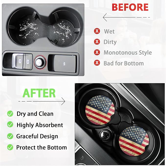 American Flag Car Coasters for Women 2 Pack,Retro Absorbent Car Coasters for Cup Holders Insert Ceramic Anti Slip with Finger Notch & Cork Base Auto Accessories Gifts