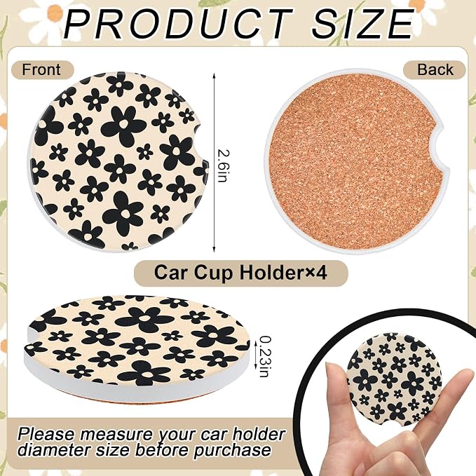 Boao 4 Pcs White Flower Car Cupholder Coasters for Valentine's Day, Ceramic Coasters 2.56'' Anti Slip Base with Finger Notch for Dry Clean, Car Interior Accessories, Birthday Gifts