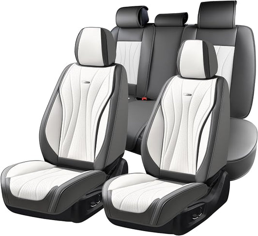 Coverado Front and Back Seat Covers, Waterproof Car Seat Cover, 5 Seat Leather Seat Cover for Cars, Universal Car Seat Protector, Automotive Seat Cover Car Seat Cushion Fit for Most Cars (Gray&White)