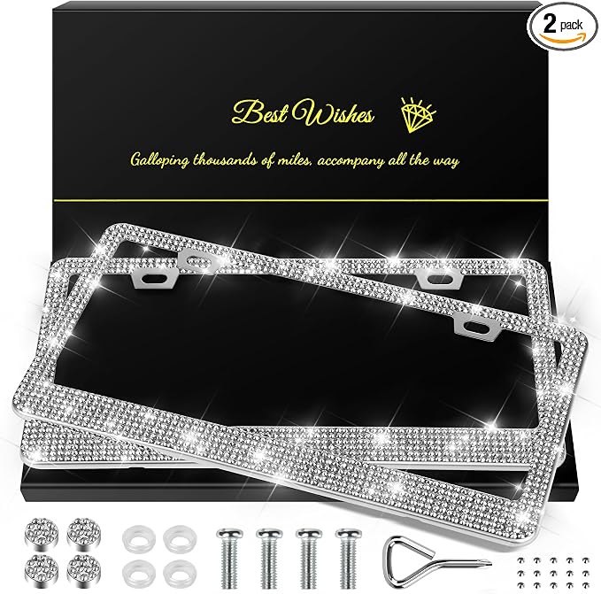 QUANQIUFEI 2 Pack Bling License Plate Frames for Women, Sparkly Rhinestone Diamond Car Accessories with Glitter Crystal Caps (Silver)