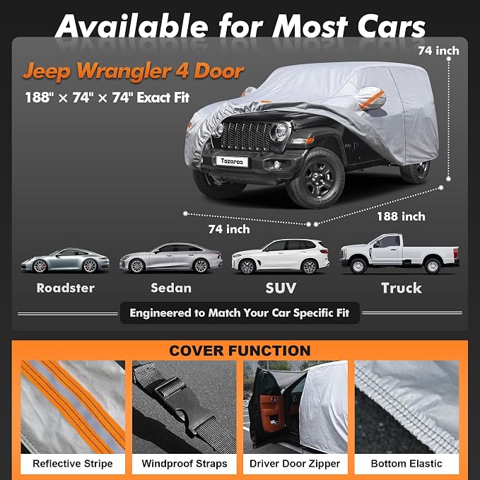 Jeep Wrangler 4 Door Cover Waterproof All-Weather,Outdoor Full Exterior SUV Cover for Wrangler JKU JLU(2007-2026),with Windshield Sun Shade,Towel&Storage Bag,Size J4 (See Size Chart)