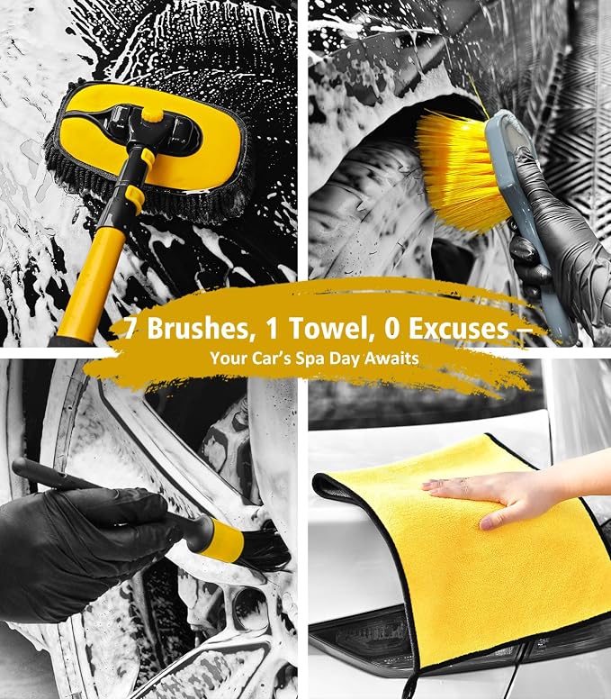 YeewayVeh Car Wash Kit, Extendable Brush Mop, Long Handle, Ginger | 5Pcs Detailing Brush, Rim Cleaner Brush & Microfiber Towel, Complete Car Cleaning Supplies