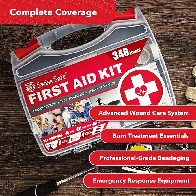 Swiss Safe 2-in-1 First Aid Kit for Car, Travel, Home, & Business – Includes Bonus Mini Kit for Medical Emergencies, Camping & Outdoor Survival – 348 Pieces, Large Hardcase, Pack of 2