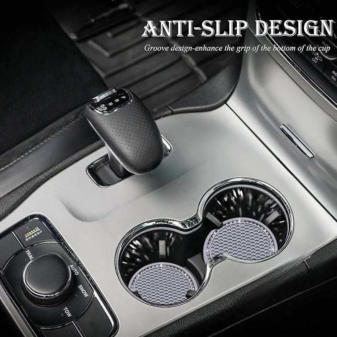 2PCS Bling Cup Holder Coaster, 2.75 Inch Auto Car Cup Holder Insert Coasters, Soft Silicone Anti-Slip Shockproof, Universal Vehicle Interior Accessories for Women Girls (Gray & White)