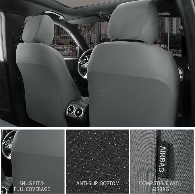 CAR PASS Neoprene Waterproof Seat Covers Full Sets, Wetsuit Car Seat Covers 5 Seats Universal Fit for Vans, Truck, SUV, 3D Tyre Embossed Seat Covers Anti Slip with Armrests, Aibag Compatible(All Gray)
