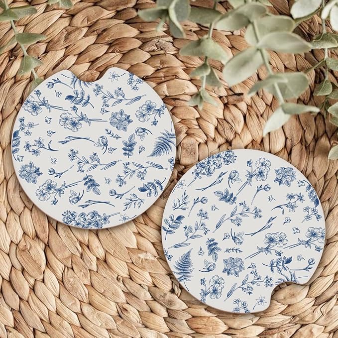 Ceramic Car Coasters – Absorbent Car Cup Holder Coaster Set for Women, Cute Aesthetic Car Accessories for Girls, 2 Pack (Dark Blue)