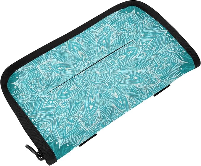 Car Tissue Holder Car Napkin Holder Tissue Box Dispenser Storage Case Sun Visor Mask Holder Accessories with Adjustable Straps Reusable Refillable Vintage Turquoise Mandala