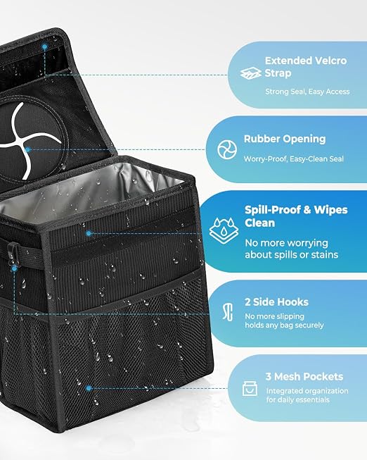 Corduroy Car Trash Can with Lid and Mesh Pockets - Leakproof Organizer,Multipurpose Waterproof Garbage Can/Trash Bin for Car(Black-3 Gallons)