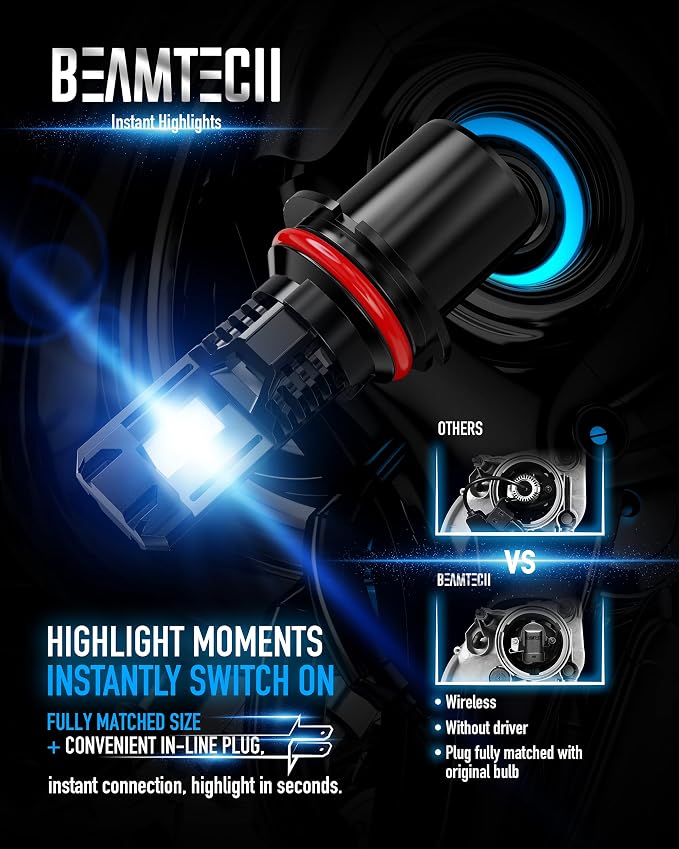 BEAMTECH Bulb, 9007 Light Bulbs Powersports, 6500K Fanless in Line, of 2 | Windless, Directly Insert, 1:1 Size, 50,000hrs+ Lifespan, Hi/Low
