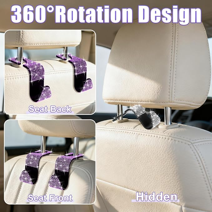 BFXM 6 Pack Bling Car Seat Headrest Hooks, Rhinestone Purse Hook for Car, Universal Storage Organizer for Handbag Grocery Bags Coats, Bling Car Accessories for Women (Bling Purple)
