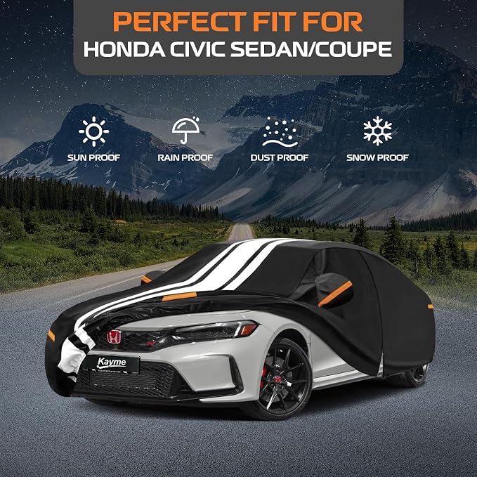 Kayme Heavy Duty Car Cover Custom Fit for Honda Civic Sedan/Coupe (1996-2026), Outdoor Full Exterior Cover with Tape and Towel, Rain Snow Sun UV Protection.