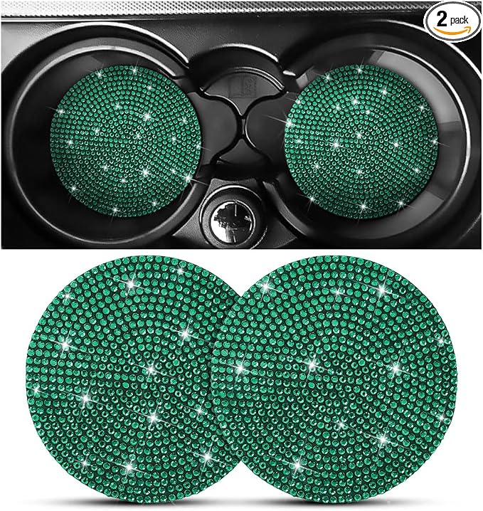 Osilly Bling Car Cup Holder Coaster, 2 Pack Crystal Rhinestone Anti-Slip Insert Coasters, Universal 2.75 Inch Fashion Automotive Cup Mat, Car Interior Accessories Decor Gifts for Women (Green)