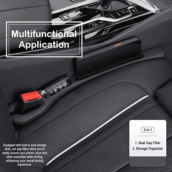 Car Seat Gap Filler Plug Strip 2 Pack, No-Drop Carseat Side Gap Filler Organizer Catcher with Dual Storage & Seatbelt Slot,Universal Fit Fill The Gap Between Seats & Console for Car SUV Truck, Black
