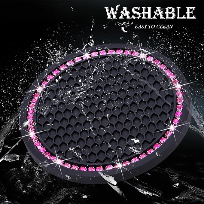 4PCS Bling Cup Holder Coaster, 2.75 Inch Auto Car Cup Holder Insert Coasters, Soft Silicone Anti-Slip Shockproof, Universal Vehicle Interior Accessories for Women Girls (Black & Pink)