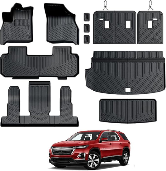 Floor Mats for Chevy Traverse 2018-2023, All Weather Floor Mats Trunk Cargo Liner with Backrest Protectors Accessories, Full Coverage Set (Fit 7 Seats)