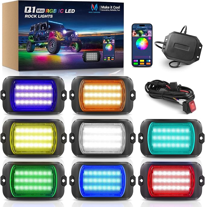 MICTUNING Q1 MAX RGB+IC Chasing Color Ultra-Bright Rock Lights 8 Pods Kits | 1000% Brighter 24 Light Chips Per Pod, Switch Wiring Kit, Aluminum Housing, IP68 Waterproof, Series/Parallel, Up to 24 Pods