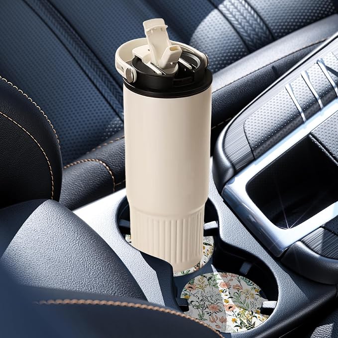 2 Pack Car Coasters for Cup Holders, Absorbent Ceramic Cup Coaster with Cork Base and Finger Notch, Cute Car Accessories Interior for Women Men