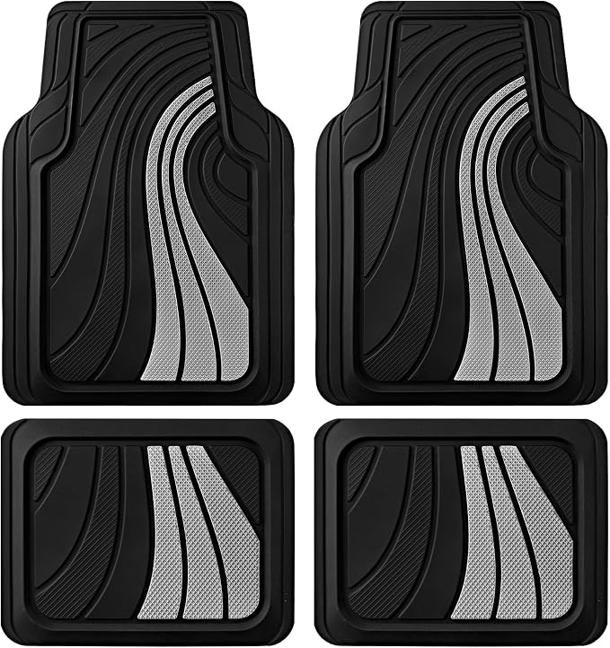 Road Comforts Car Floor Mats Full Set – Front & Rear Car Floor Mats with Aluminum Design, Anti-Slip Backing, All-Weather Protection, Trim-to-Fit Car Mats for Most Sedans, SUVs & Vans - Sliver
