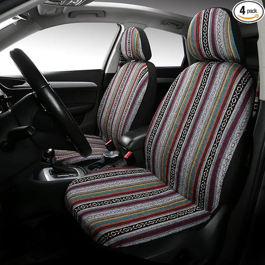 Baja Saddle Blanket Car Seat Covers 4PCS Front, Breathable and Washable Striped Woven Automotive Vehicle Seat Cover, Universal Seat Cover for Sedan, SUV, Truck, Airbag Compatible