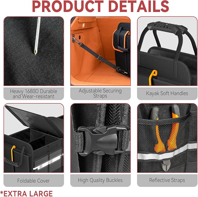 XL Heavy-Duty Trunk Organizer for Car, 6 Adjustable Compartments & Cooler | Car Trunk Organizer With Lid & Removable Leakproof Cooler Bag, Reinforced Panels, Non-Slip Base, Tie-Down Straps For Sedan