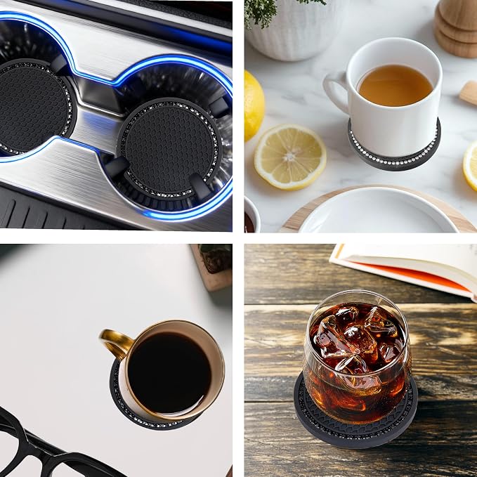 BFXM 4 PCS Bling Cup Holder Coasters for Car, 2.75 inch Diamond Universal Non-Slip Black Silicone Cup Holder Coasters, Sparkly Bling Car Accessories for Women(Black Diamond)