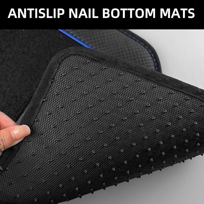 NBTEPEM Waterproof Universal Fit Car Floor Mats, Faux Leather Sporty Car Carpet Mats with Anti-Slip Nibbs Backing & Driver Heel Pad Fit for SUV, Vans, Sedans, Trucks, Set of 4 (Black with Blue line)