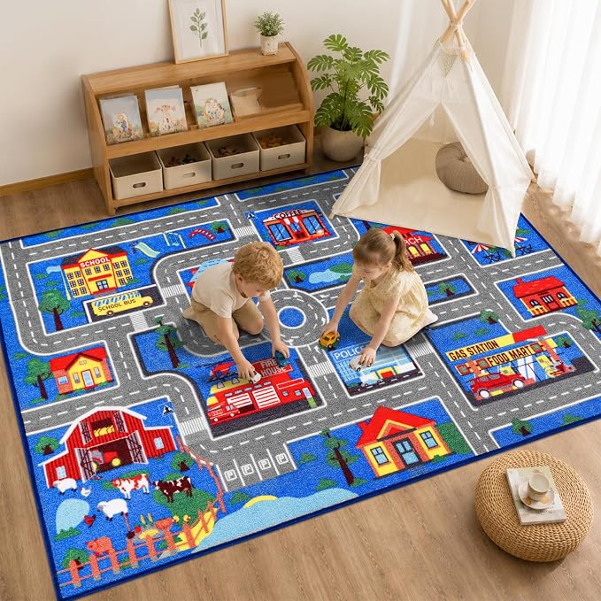 Kids Carpet Playmat Rug 78.7"x59", Car Rug for Kids Cars, Non-Slip Town City Road Map Kids Rugs for Playroom Bedroom Boys, Kids Cars Play Mat Track Road Rugs for Kid (78.7X59Inch,Blue)