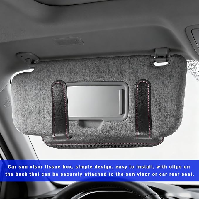 Car Tissue Holder, PU Leather Auto Sun Visor Tissue Case Napkin Holder with Zipper, Rectangular Mask Dispenser Hanging Paper Towel Organizer for Cars SUVs Trucks RVs (Black)