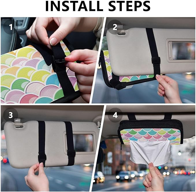 Car Tissue Holder Car Napkin Holder Tissue Box Dispenser Storage Case Sun Visor Mask Holder Accessories with Adjustable Straps Reusable Refillable Bright Multicolor Mermaid Scale