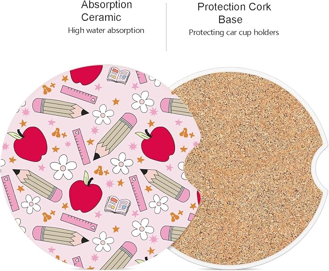 Ceramic Car Coasters – Absorbent Car Cup Holder Coaster Set for Women, Cute Aesthetic Car Accessories for Girls, 2 Pack (red)