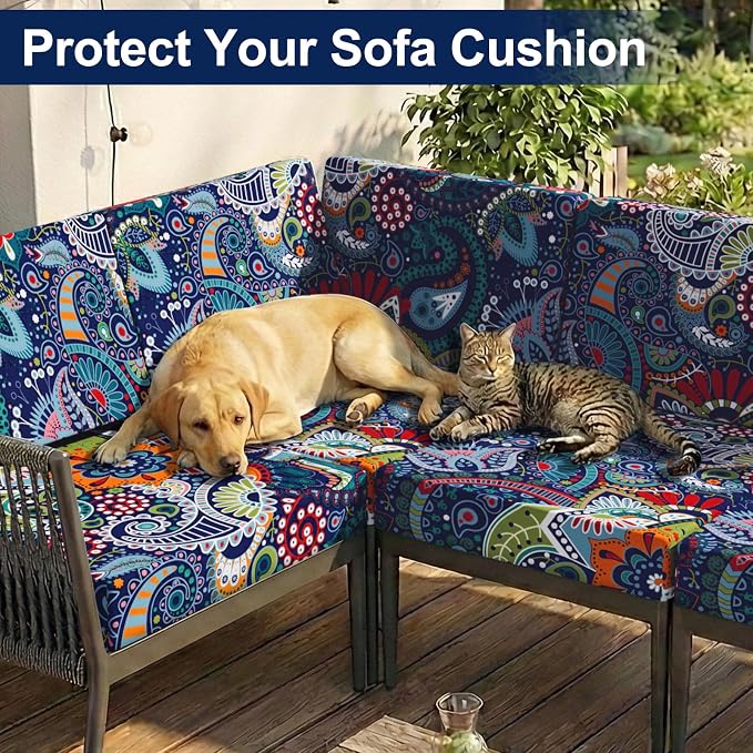 Smiry Waterproof Patio Cushion Covers, Stretch Outdoor Couch Slipcovers Replacement Washable Furniture Protector Sofa Chair Seat Cover for Dogs and Pets (4 Pcs, Blue Green)