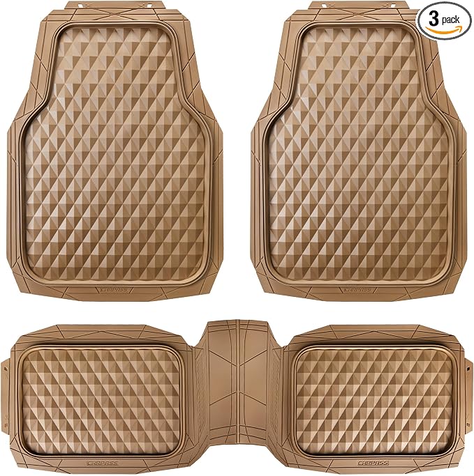 CAR PASS Heavy Duty Rubber Car Mats, Deep Dish All-Weather Floor Mat for Car Full Set Durable Anti-Slip 3D Rhombus Waterproof Trim to Fit Liner Universal Fit Automotive,Sedan,SUV,Truck, 3 Piece Beige