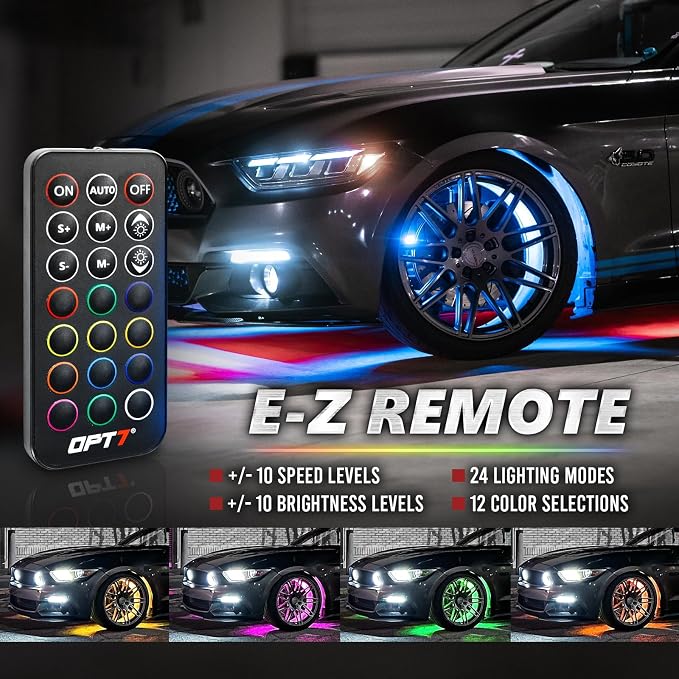 OPT7 Aura Pro RGB Wheel Well Lights for Cars with APP & Remote Control | Music Sync Lighting, 4PCS 24" Waterproof LED Strips, Multicolor Wheel Ring Accent Lights, Car Meet Accessories, 12V
