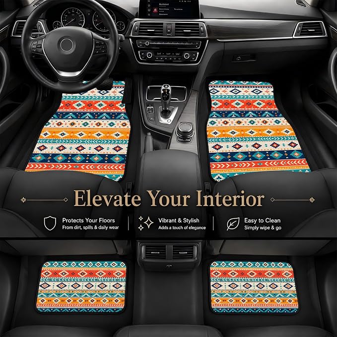 Stripe Car Floor Mats Set of 4 Southwest Tribal Geometric Car Accessories Foot Mats Rugs, Non-Slip,Decor for Universal Fit for Suvs Sedans Trucks Cars Auto Floor Carpets Rugs All-Weather