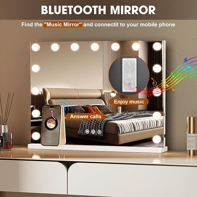 Vanity Mirror with Lights, Bluetooth, 10X Magnifier, 23 x 18 in | 15 LED bulbs, 3 color modes, desk or wall mount, USB charging port