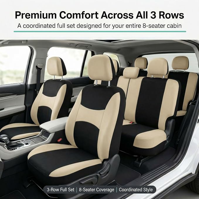 FH Group Automotive Seat Covers Light & Breezy Flat Cloth Seat Cover Three Row Set Beige, Airbag and Split Rear Car Seat Cover Universal Fit Interior Accessories Cars Trucks SUV Car Accessories
