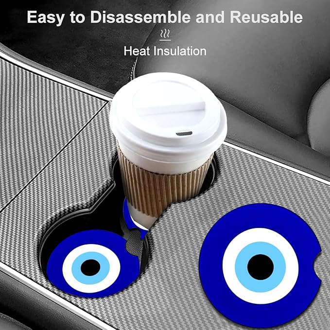 2 Pack Blue Evil Eye Car Cup Holder Coasters Universal Neoprene Coasters | 2.75" Universal Size Anti Slip Rubber Mat, Auto Cup Holder Decor Accessories for SUV Truck, Evil Eye Gifts for Men Women Mom