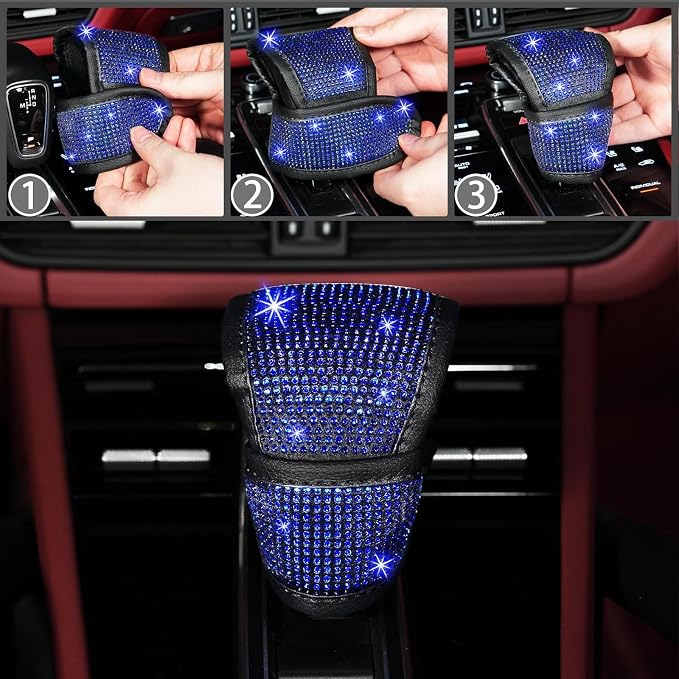 NBTEPEM 30 Pcs Blue Bling Car Accessories Set for Women, Blue Steering Wheel Cover Set, Bling Console Cover, Seat Belt Cushion, Shift Knob Cushion, Cup Coaster, Rhinestone Car Hanging Accessories
