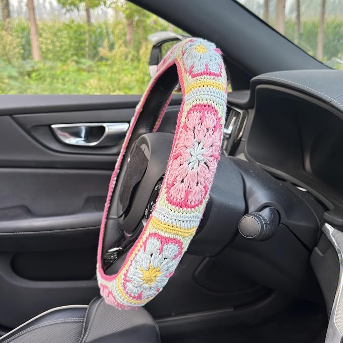 Handmade Crochet Pink Fower Granny Square Car Steering Wheel Covers Universal 14-15 inch for Women and Men (Steer Wheel Cover+ 2 Belt Cover)