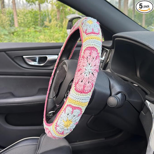 Handmade Crochet Pink Fower Granny Square Car Steering Wheel Covers Universal 14-15 inch for Women and Men (Steer Wheel Cover)