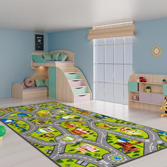 STARUIA Kids Rug Play Mat, 60"x32" Ultra Non-Slip Car Rug for Toddlers, Educational City Road Carpet Car Mat for Kids, Washable Car Kid Rugs for Bedroom Playroom Boys Room Nursery